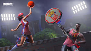 兩個Fortnite玩家在體育館燈光下，在城市環境中灌籃。