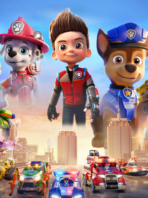 城市救援場景中的 Paw Patrol 角色和車輛。