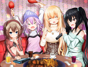 四個動漫女孩一起在桌子旁享用零食和飲品。