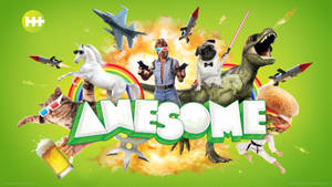 圍繞「awesome」一詞的超現實卡通人物和物體的拼貼畫。
