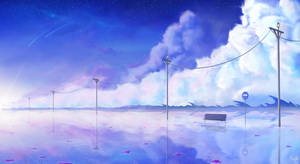 星空下淹沒田野中的長椅和電線