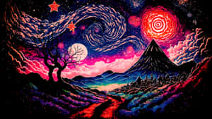 蜿蜒小徑通往山間村莊，上方是充滿活力的宇宙夜空，旋轉的星星和發光的太陽閃耀其中。 — 天空美學 壁紙