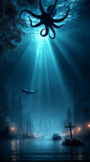 一隻巨大的章魚懸浮在陽光明媚的港口上方，下方有船隻和錨。