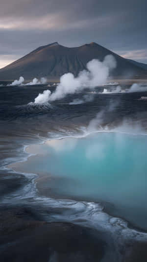 火山景觀，有冒煙的地熱池和一座大山，天空多雲。 — 史詩 壁紙