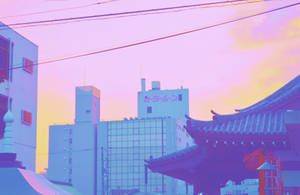 暮色中的城市天際線，粉紅和紫色色調融合現代與傳統建築。 — 建築 壁紙
