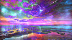 夢幻般的宇宙海景，發光的水面映照出多彩星雲和一顆漂浮行星。 — 唯美雲朵動態 壁紙