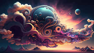 暮色中漂浮行星於山脈之上的超現實宇宙雲層。 — 天空美學 壁紙