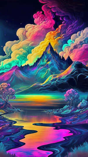 霓虹山脈和雲彩在星空下映照在發光的河流中。 — 天空美學 壁紙