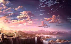 超現實的暮色山巒，發光瀑布與星光湖泊，粉紅雲朵之下。