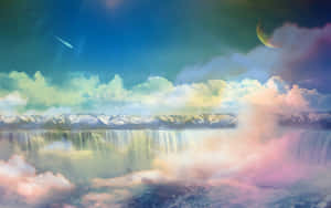 在色彩繽紛的天空下，月亮和彗星穿過浮雲流淌的魔法瀑布。 — 森林 壁紙