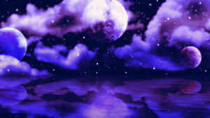 紫色天空，月亮和星星倒映在水中 — 月色夜空 壁紙