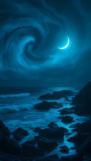 月光下的海浪在旋轉的藍色星雲和新月下拍打著黑暗的岩石。 — 夜晚 GIF 壁紙