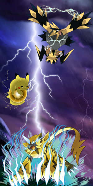 三隻電屬性寶可夢在閃電交加的暴風雨紫色天空中戰鬥。