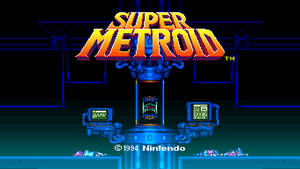 Super Metroid 遊戲標題畫面，帶有像素文字和藍色機械。