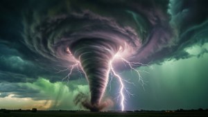 在暴風雨的綠色天空下，一個巨大的龍捲風帶著閃電掠過平坦的田野