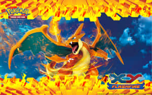 Charizard 在 Pokemon 集換式卡牌遊戲的鮮豔天空場景中釋放火焰。
