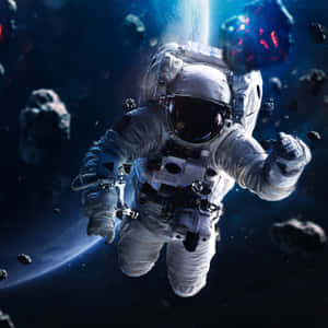 太空人在小行星附近的太空漂流，背後有發光的行星。 — 太空人 壁紙