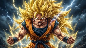 超級賽亞人悟空在閃電和烏雲中擺出戰鬥姿勢。 — 悟空 壁紙