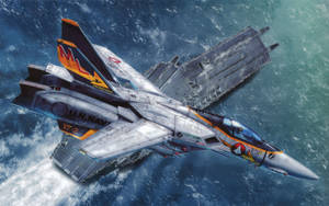 聯合國海軍戰鬥機在波濤洶湧的海面上飛越航空母艦。