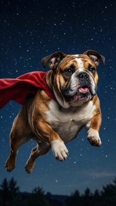 一隻鬥牛犬穿著紅色斗篷在繁星點點的夜空中飛翔。