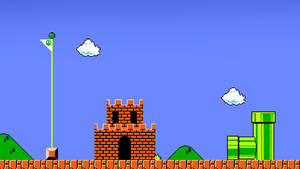 經典像素化Mario遊戲關卡，有城堡、水管同旗杆。