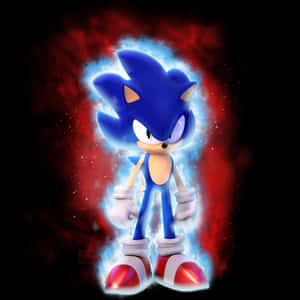 Sonic the Hedgehog 在紅色宇宙背景下發出藍色能量光芒。