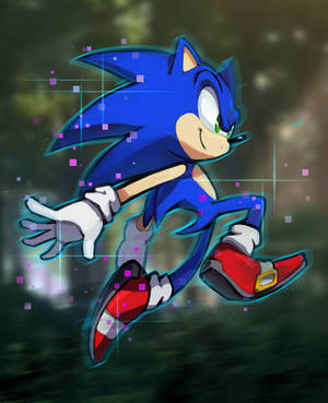 Sonic the Hedgehog 快速奔跑，帶有發光軌跡和像素效果。