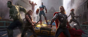 Marvel 超級英雄在被毀壞的街道上與黃色的士戰鬥。 — 漫威超級英雄 壁紙