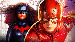 Batwoman 和 The Flash 身穿超級英雄服裝，搭配閃電和碎玻璃效果。