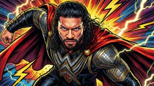 一個肌肉發達的超級英雄，身披紅色斗篷，周圍環繞著閃電。 — Roman reigns 壁紙