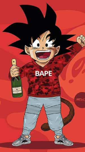 動漫角色穿著紅色BAPE連帽衫手持香檳瓶。