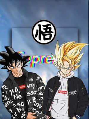 兩個穿著Supreme外套的動漫角色站在發光的漢字符號下。