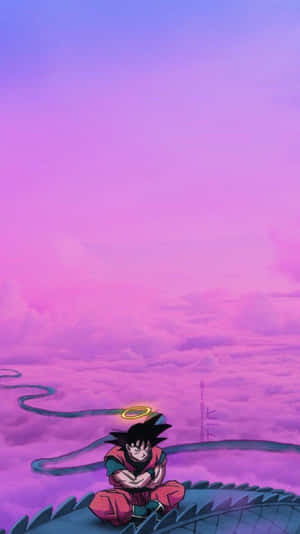 悟空平靜地坐在龍上，漂浮在粉紅雲端之上，呈現寧靜的動畫場景。 — 龍珠Z 壁紙