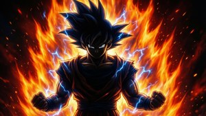 黑色頭髮的動漫角色被火焰和閃電包圍。