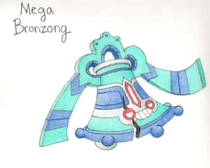 手繪的 Mega Bronzong 寶可夢插圖，帶有青藍色條紋和紅色點綴。 — 藝術 壁紙