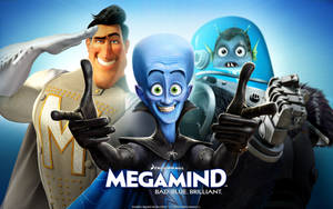 Megamind 和他的盟友在一張歡快的動畫電影海報中。