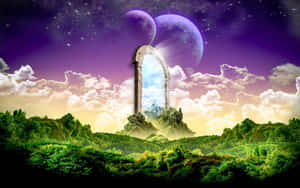 森林中的石拱門顯露出通往帶有紫色月亮的星空的傳送門。