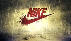 紅色Nike標誌穿過裂開的混凝土牆，地面有瓦礫。