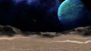 荒涼的外星地形，天空中有藍色行星，星空下
