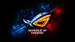 發光的 ROG 標誌，帶有藍色和紅色的能量爆發以及 Republic of Gamers 文字。 — 玩家國度 壁紙