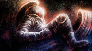太空人在太空中漂流，被發光的宇宙雲和星星包圍。