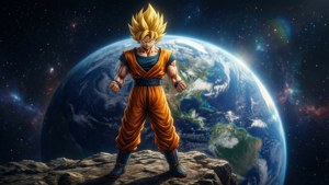 超級撒亞人悟空在太空中站在岩石上，背景是地球。