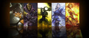 五個奇幻遊戲角色，帶有發光效果和黑暗反射。
