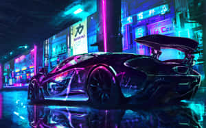 黑色McLaren跑車在夜間濕漉漉的霓虹燈街道上