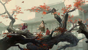 穿著傳統長袍的人物聚集在寺廟附近一棵紅葉樹下，秋霧瀰漫。