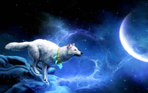 白狼在冰凍地形上凝視發光的藍色星雲和彎月。