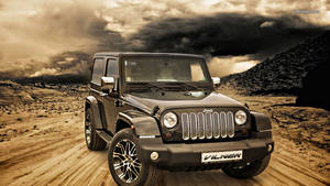 黑色Jeep Wrangler在暴風雲下行駛在沙漠公路上。