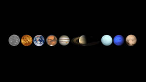 九顆行星和月球在黑色背景上排列成一排。