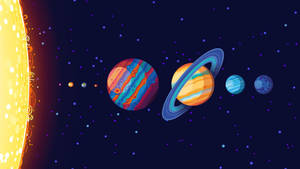 色彩繽紛的卡通行星在星空宇宙中圍繞著明亮的太陽運行。