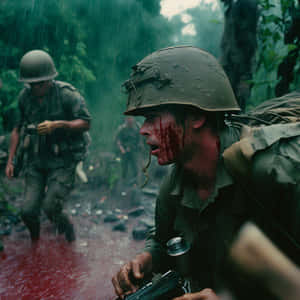 受傷士兵在暴雨中爬過血染的叢林，同袍士兵推進。